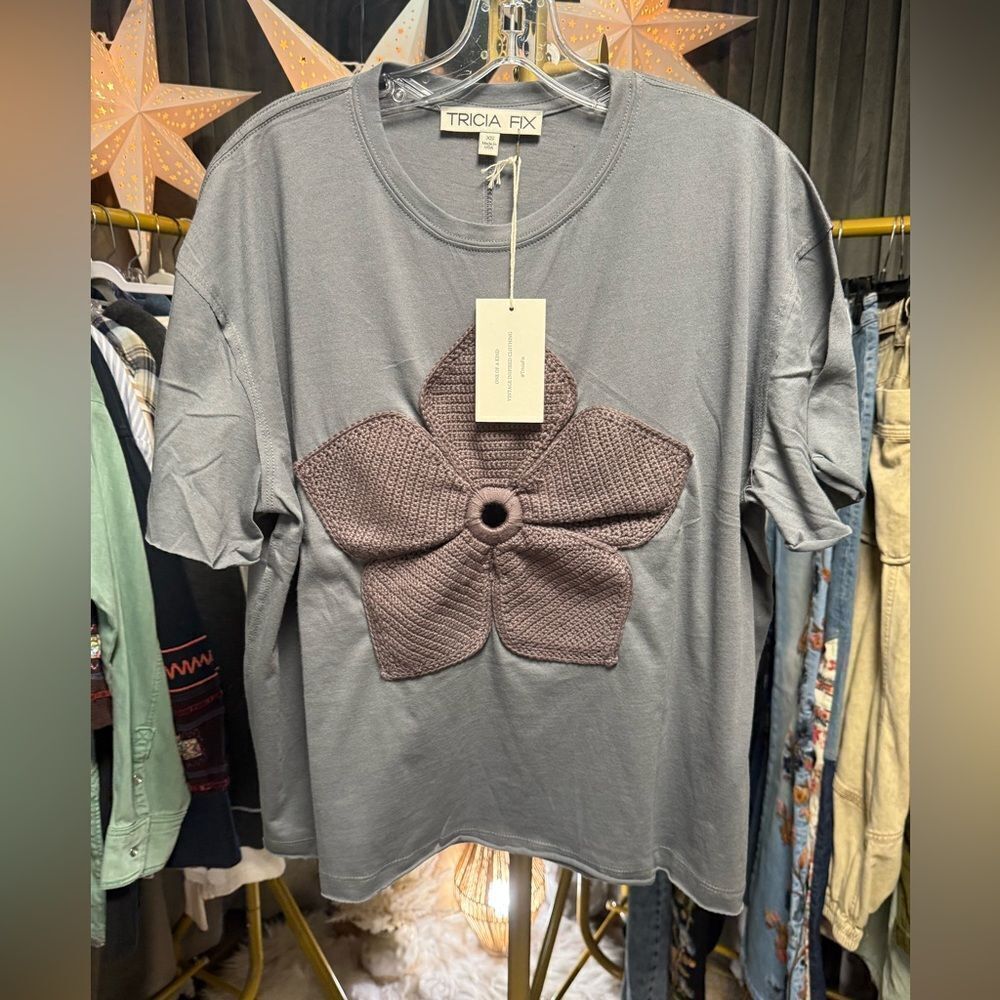 RARE Tricia Tix Exclusive Crochet Flower Tee in Grey